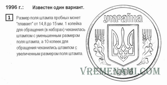 лицевая сторона 1 и 10 коп. 1996г.
